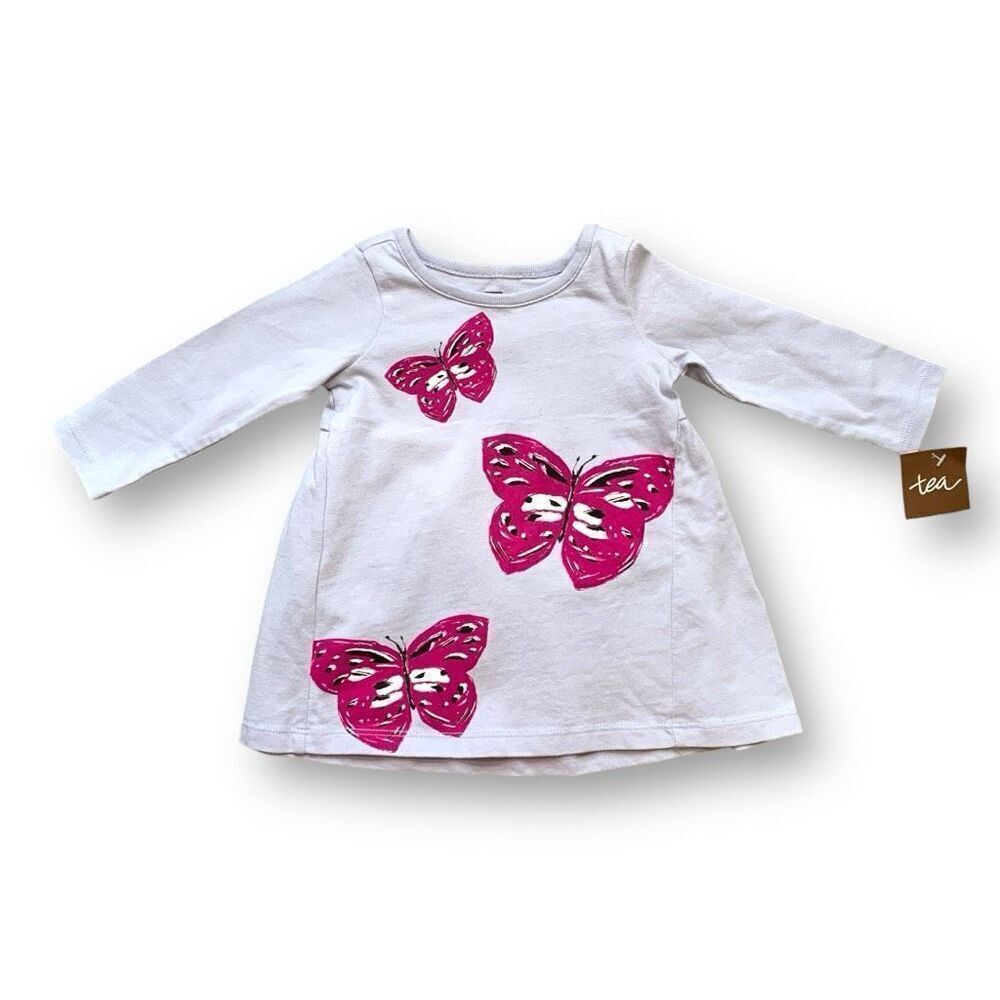 Tea Collection Baby Girls’ Dress White Long Sleeve Butterfly Size 3-6 Months